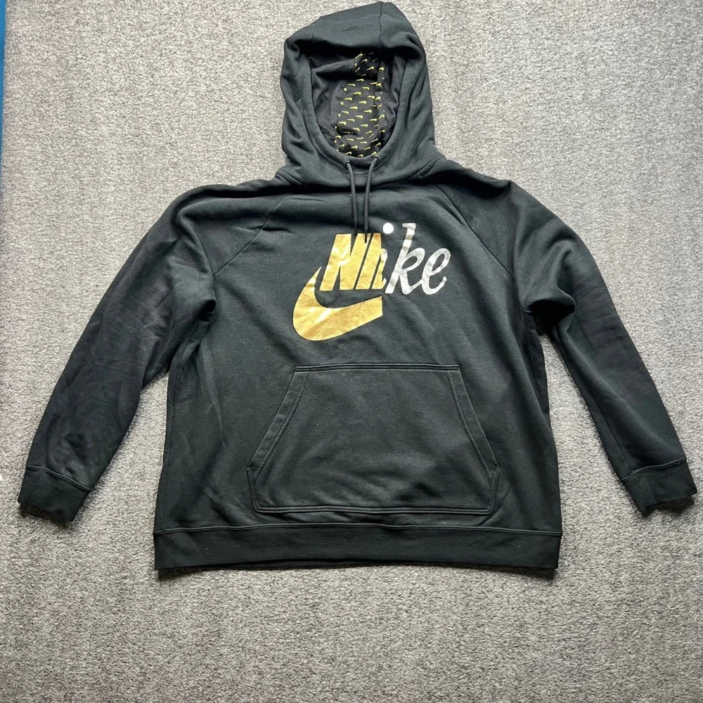 Nike Hoodie Womens 2X Black Gold Silver Graphic Logo Pullover CI1775-010 - Picture 1 of 16